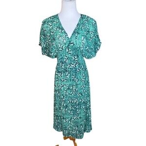 SO‎ Design Green Floral Textured V-Neck Midi Dress Short Flutter Sleeve Womens M